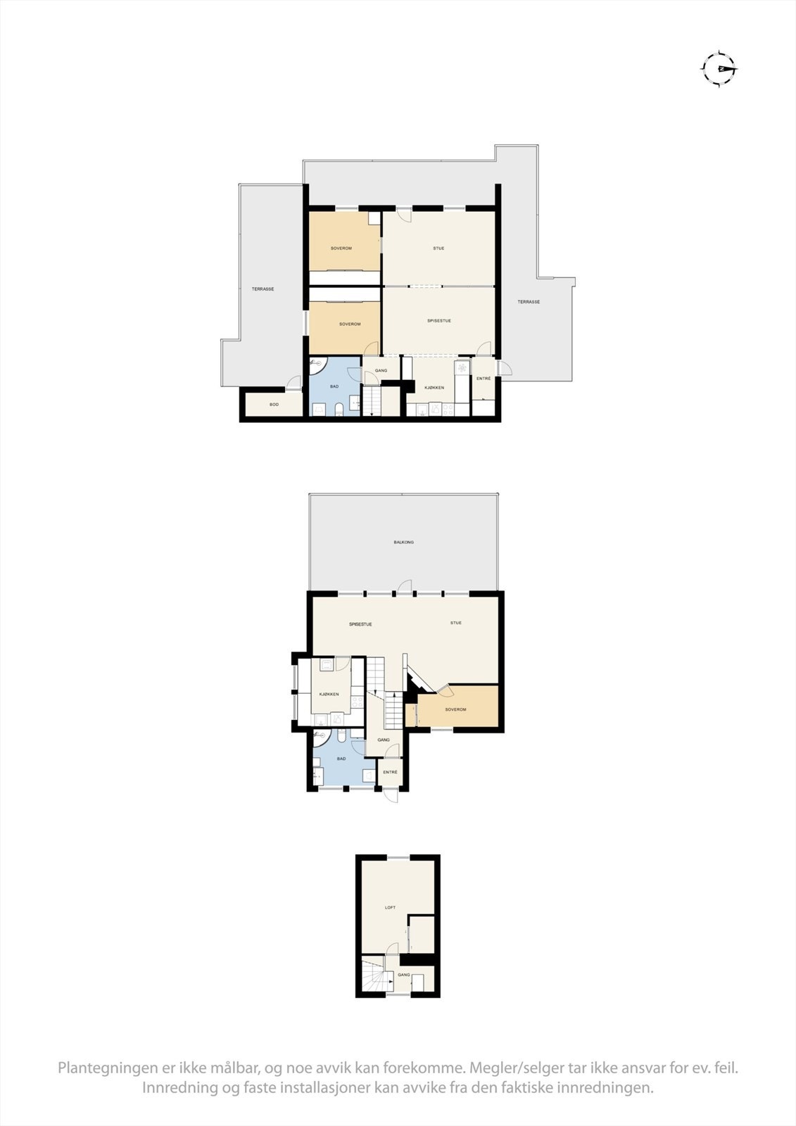Vedlagte plantegninger gjenspeiler dagens planløsning slik den fremtår i dag og er i strid med godkjente byggetegninger/godkjent bruk. Se punkt "Ferdigattest/Brukstillatelse" i salgsoppgaven. Galleribilde
