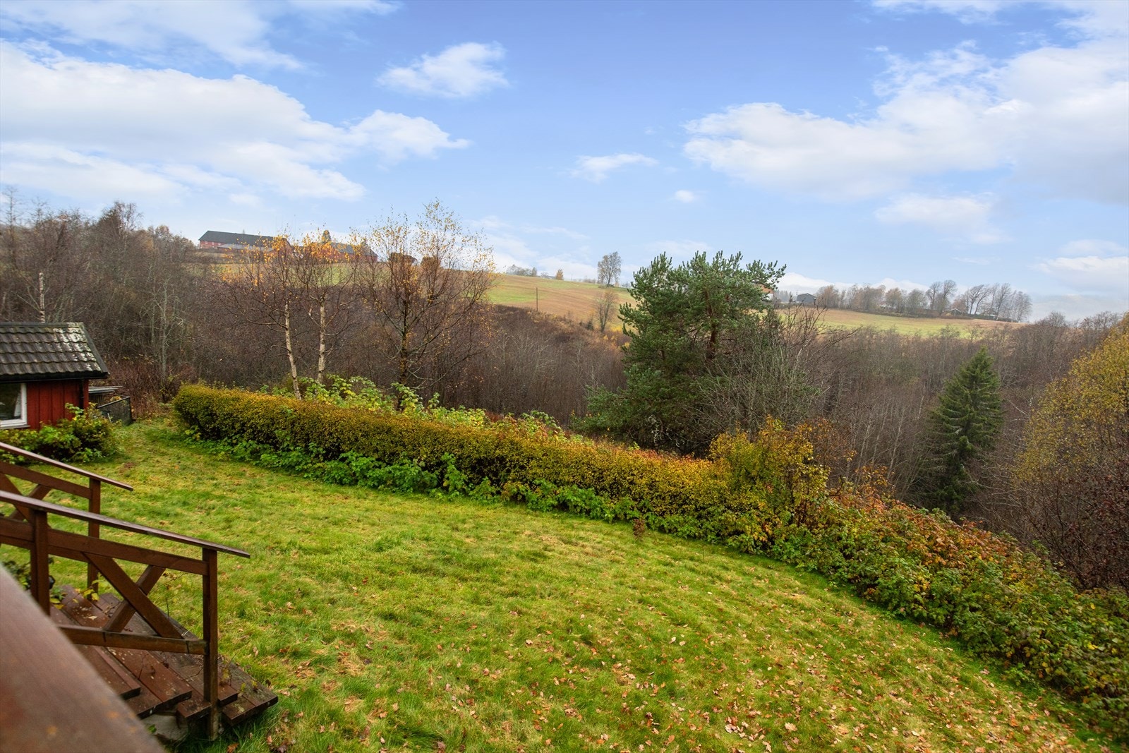 Hagen er opparbeidet med plenareal, hekk og diverse beplantning. Galleribilde