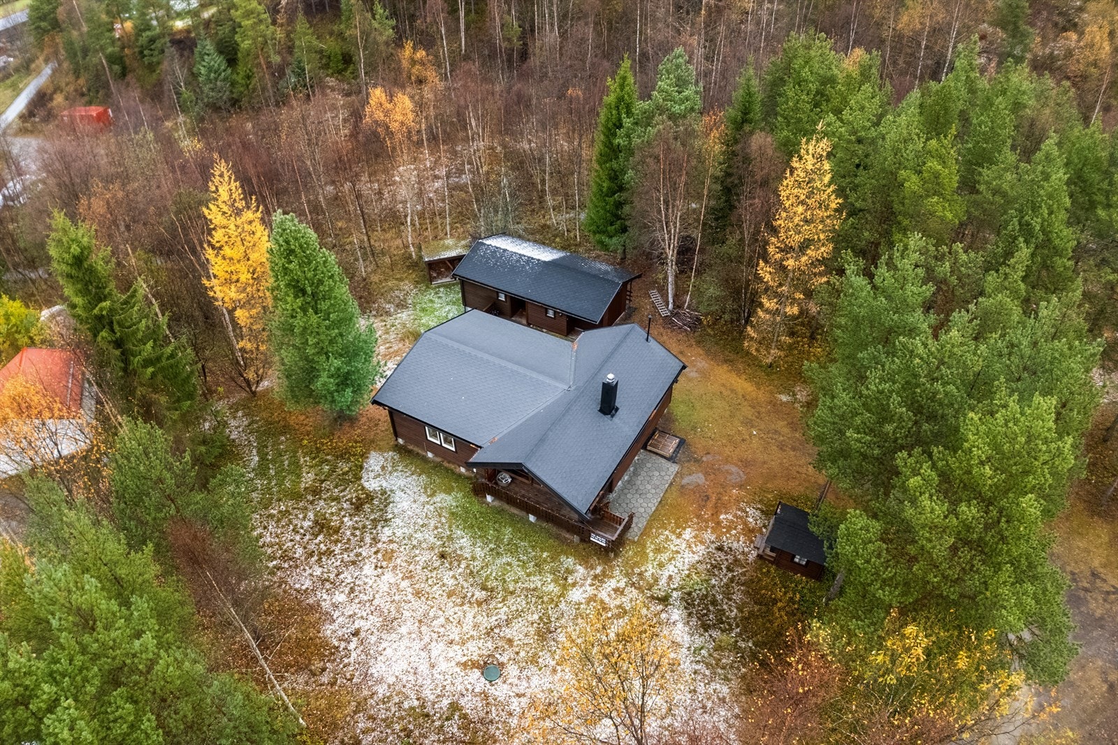 Hytta ligger lunt og usjenert til, omgitt av trær og natur, med kort avstand til både fjord og fjell Galleribilde
