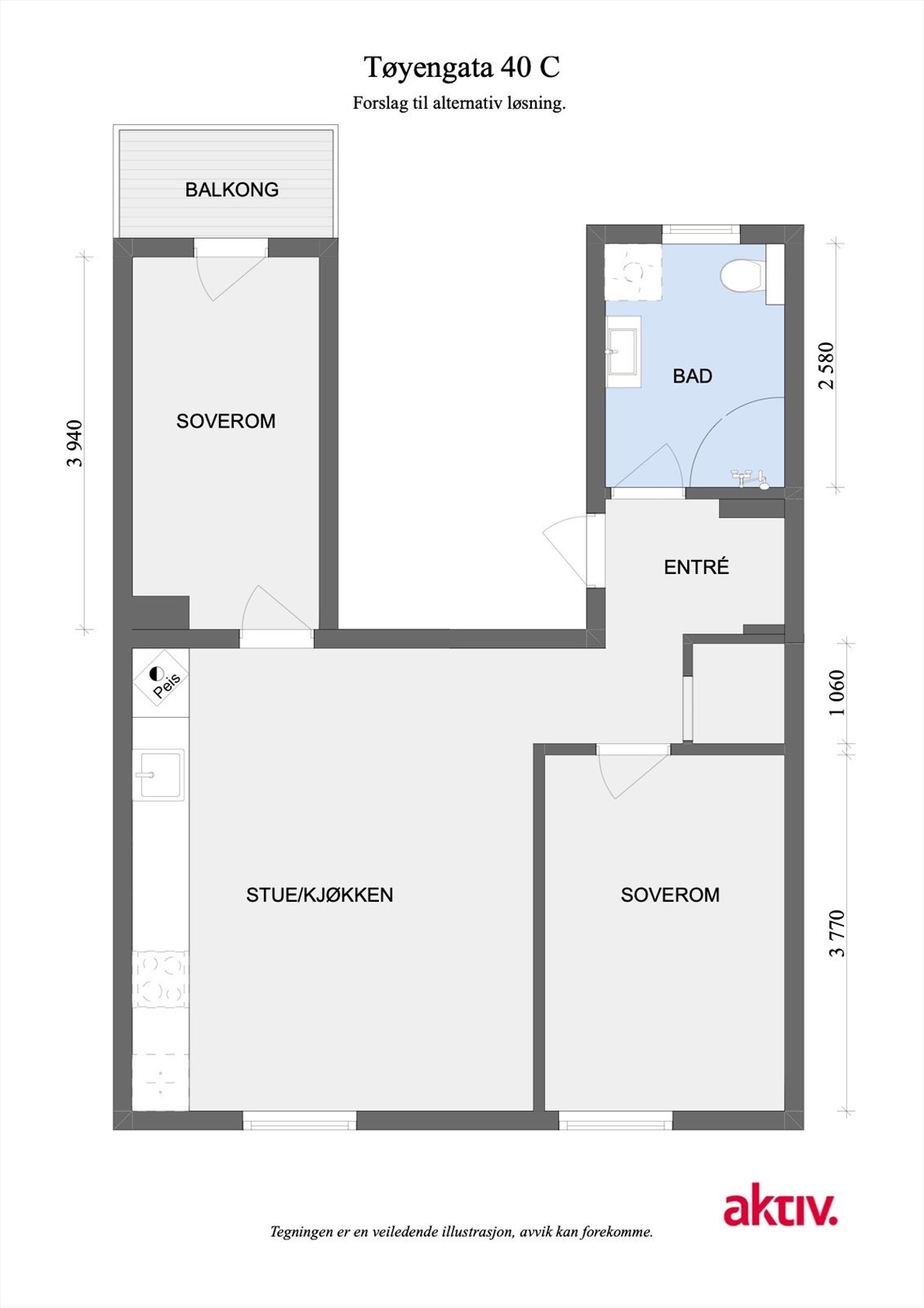 Forslag til alternativ planløsning ved ombygging til 3-roms. En ombygging /endring av planløsning må søkes om og styrebehandles i borettslaget. Galleribilde