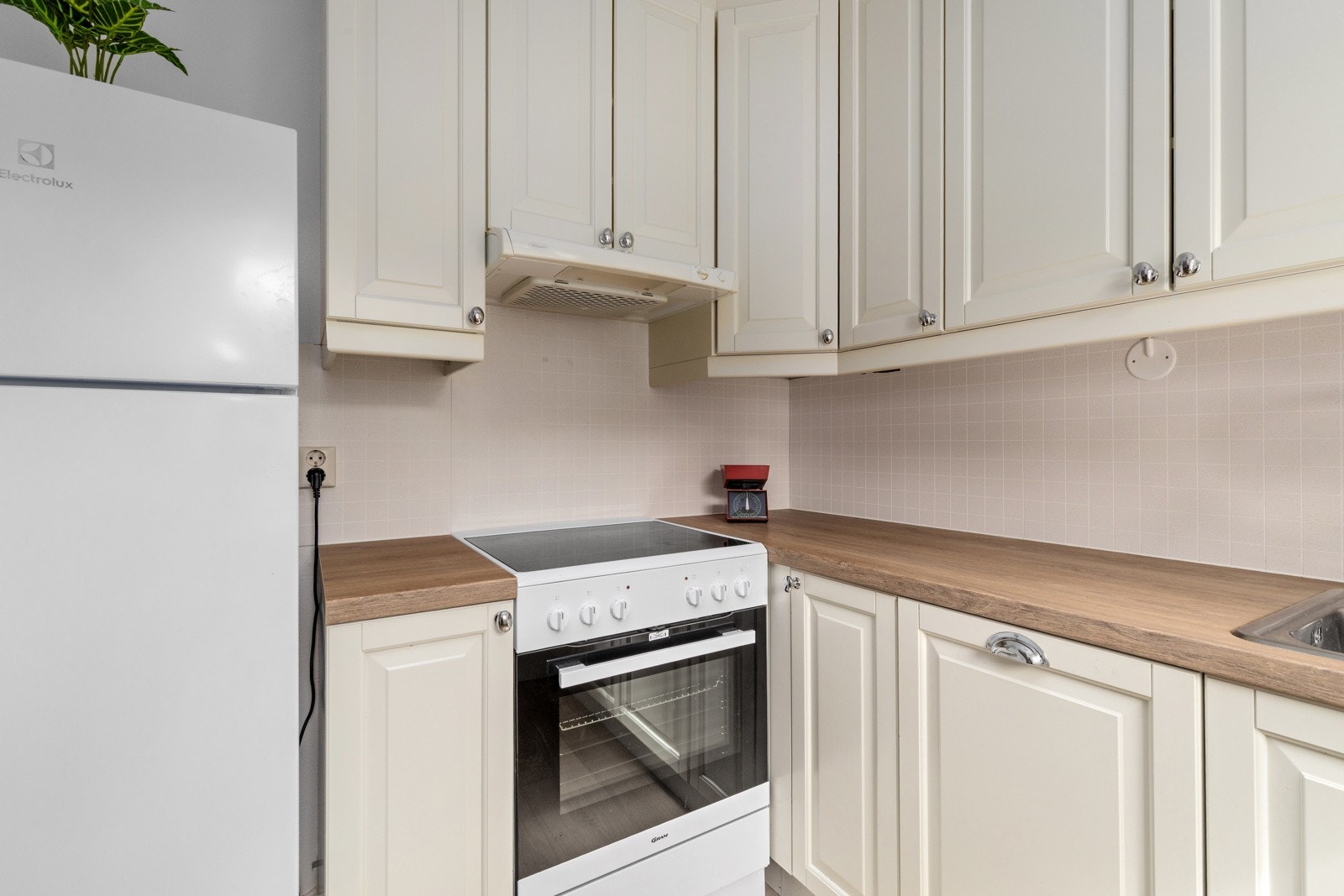 Kjøkkenet er utstyrt med integrert oppvaskmaskin, frittstående ovn og kjøle-/fryseskap. Galleribilde