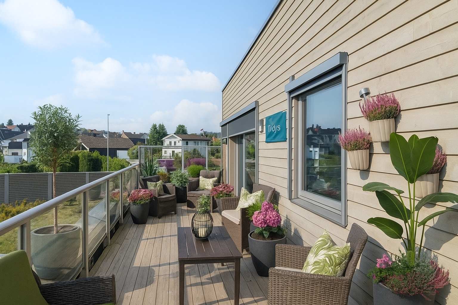 Terrassen mot syd har en utgang fra stua, og en fra hovedsoverommet. Digital møblert bilde for inspirasjon. Galleribilde