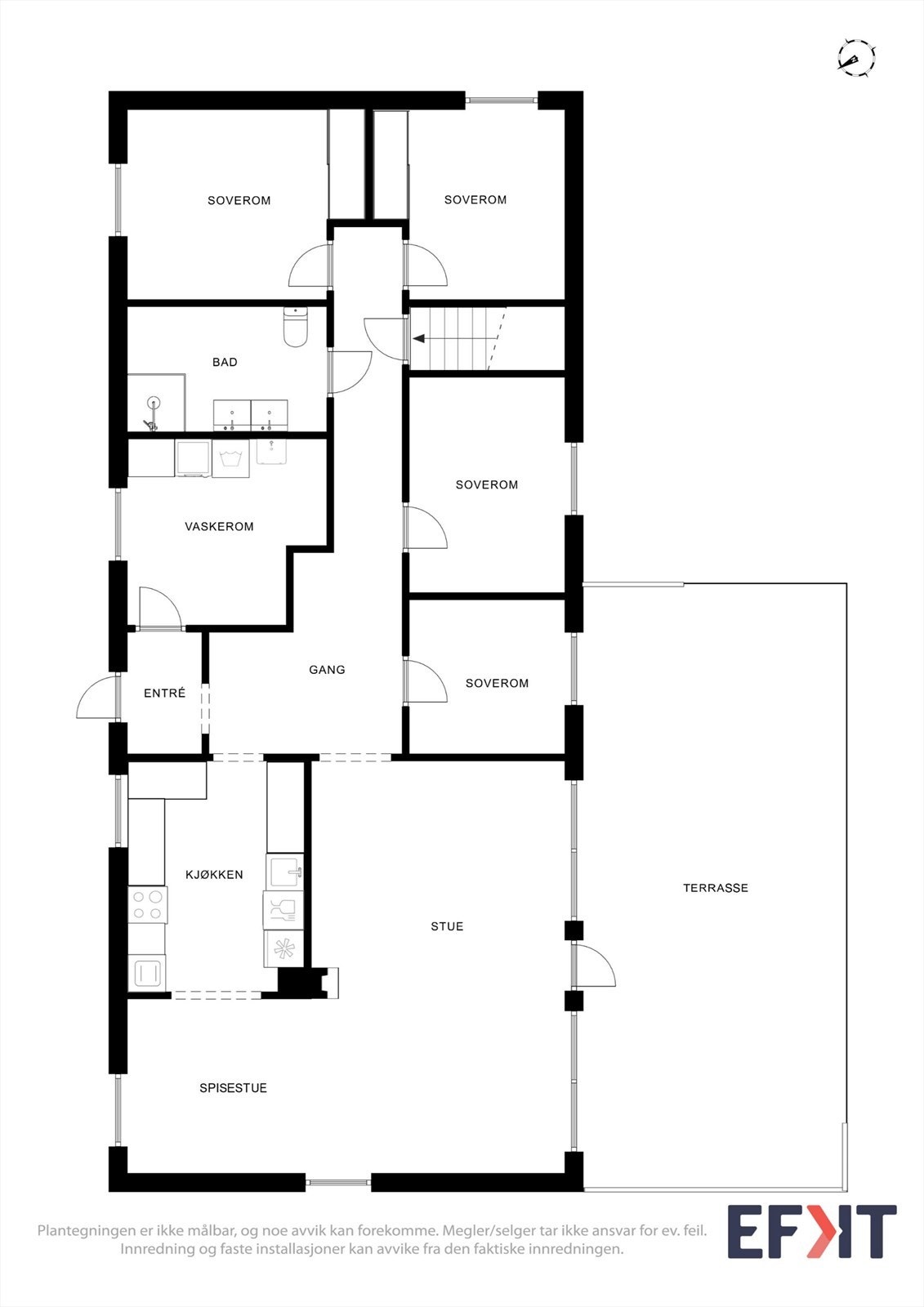 Plantegningen for hovedetasjen viser en god planløsning med fire soverom og sosiale soner. Galleribilde