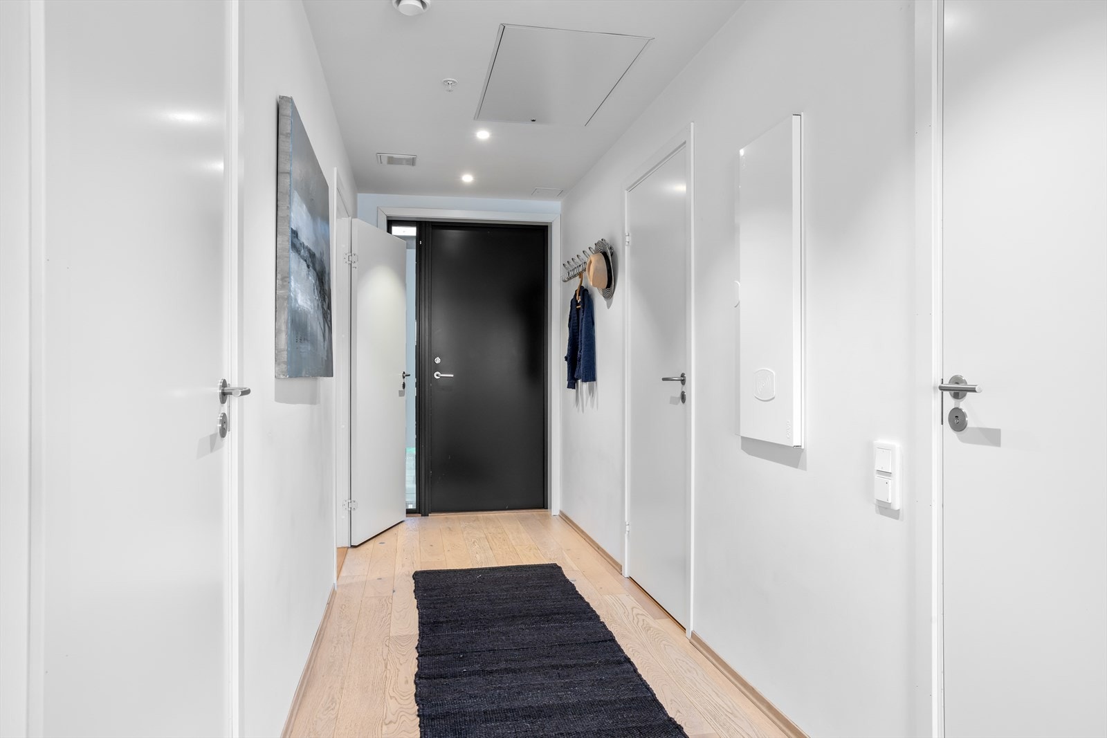 Inngangsparti ved "broen" i etasjen har overbygget som gir god overdekning til leilighetens inngangsdør. Den lyse entrè/gangen er utstyrt med lekker, sort inngangsdør og høyt sidevindu som slipper inn deilig dagslys, også videre innover i leiligheten. Galleribilde