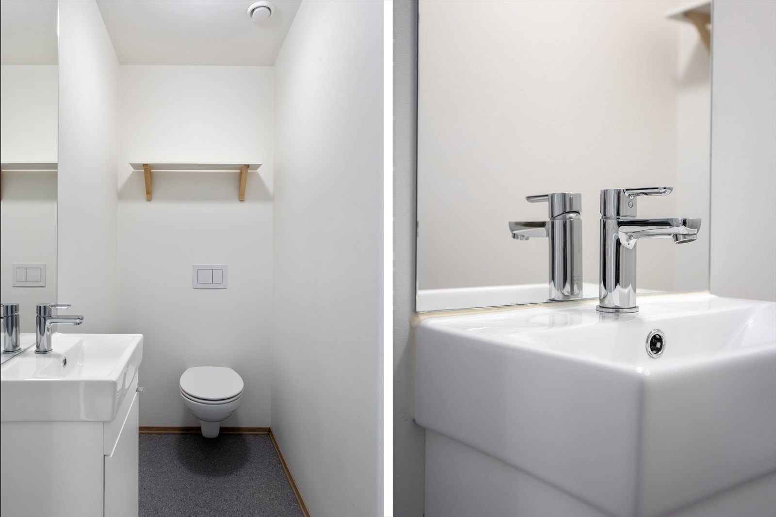 Gjestetoalettrommet, med inngang fra entreèn, sørger for at leiligheten har to toaletter. Rommet er innredet med vegghengt toalett med innebygget sisterne og veggmontert servant med underskap og veggspeil. Galleribilde