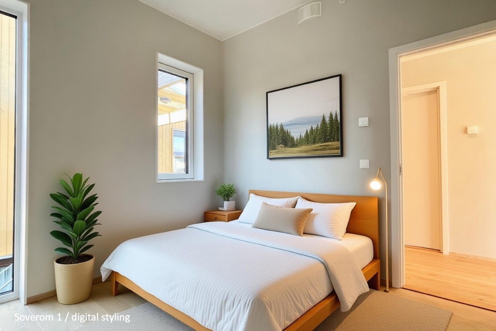 Hovedsoverom med garderobeskap og delikat, nøytral fargepalett - perfekt for avslapning. (Bildet er digitalt stylet) Galleribilde