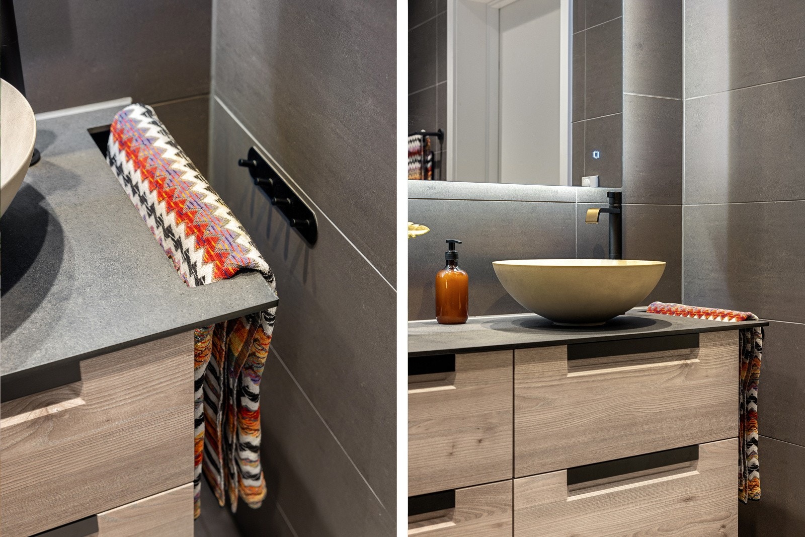 Moderne servantinnredning med skuffer og speil med belysning over. Galleribilde