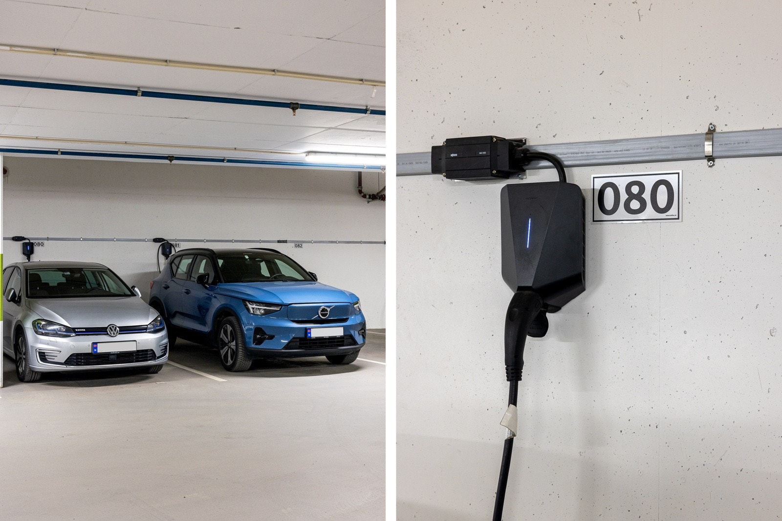 Medfølgende plass har elbil-lader. Ev. ytterligere garasjeplass kan kjøpes enten med eller uten lader. Galleribilde