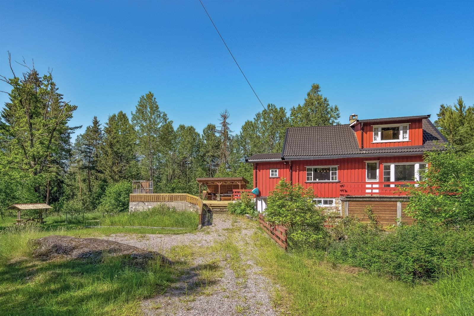 En familievennlig enebolig med romslig tomt med både opparbeidet hage, beplantning og naturlig vegetasjon. (Disse bildene er tatt tidligere da boligen skulle leies ut). Galleribilde