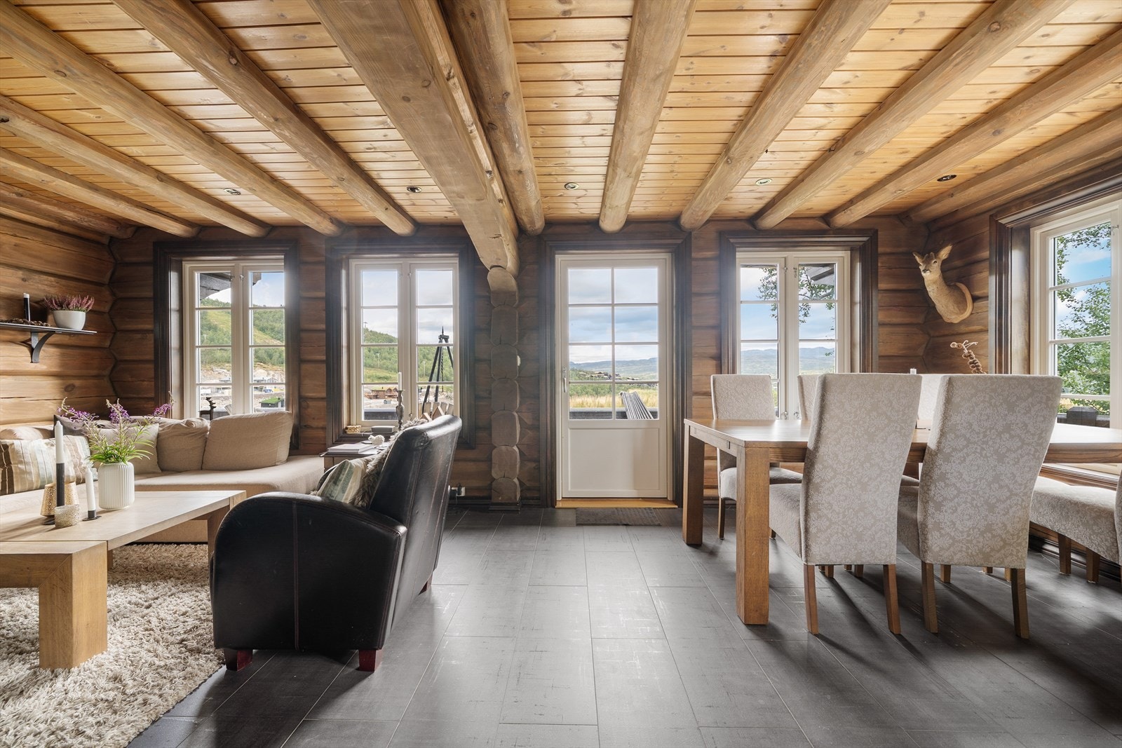 Koselig stue med åpen kjøkkenløsning - utgang til terrasse med vid utsikt over Hovden. Galleribilde