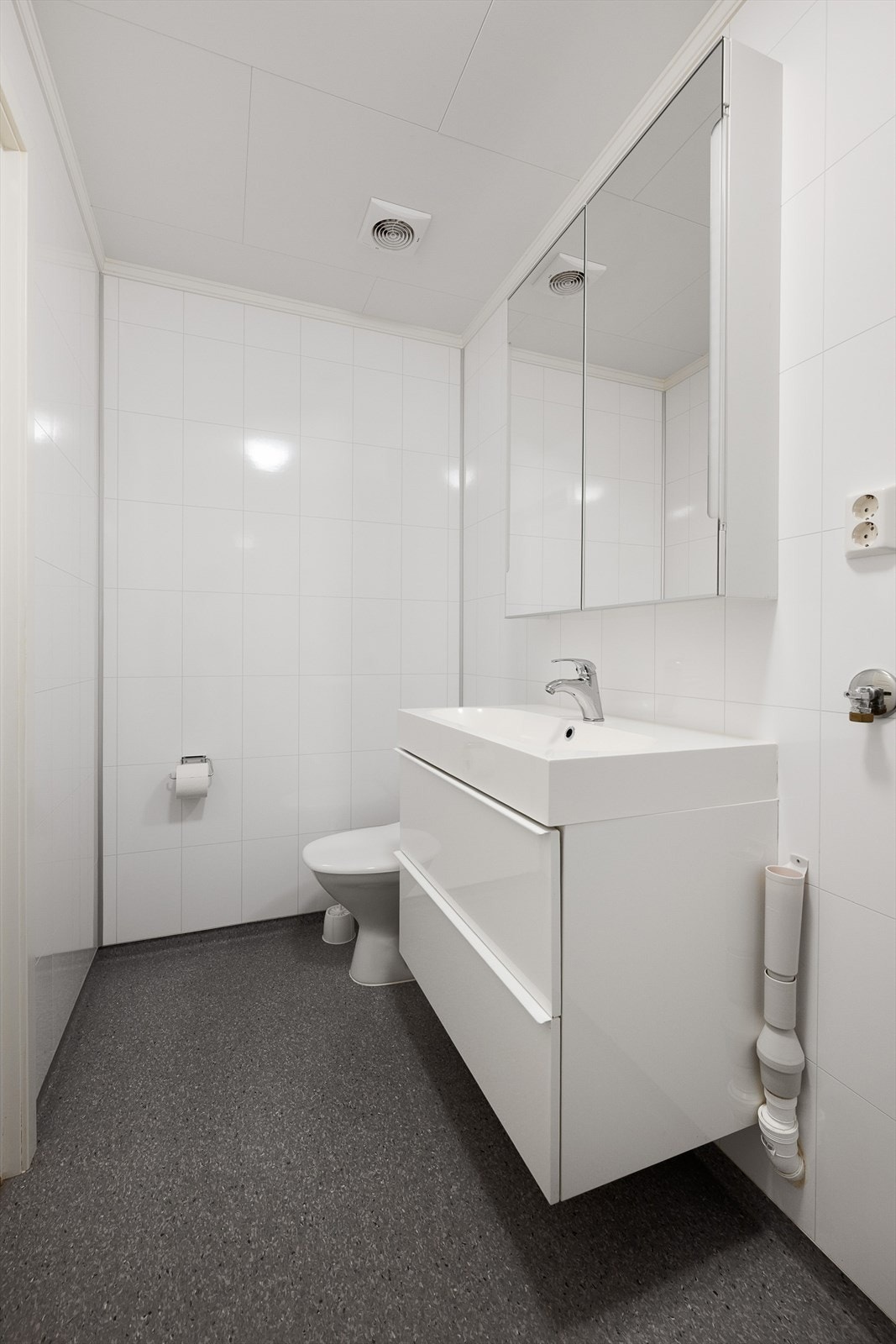 Badet har dushjørne, gulvmontert toalett og baderomsinnredning. Det er plass og opplegg for vaskemaskin Galleribilde