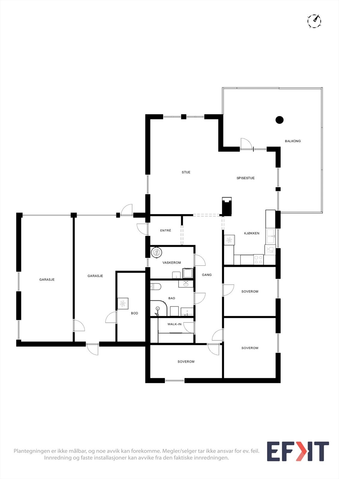 Plantegningen viser en arealeffektiv enebolig over ett plan med alt du trenger på én flate. Galleribilde