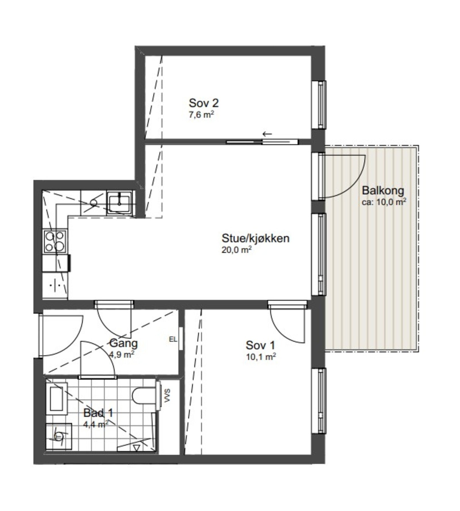 Plantegning. I tillegg disponerer leiligheten en kjellerbod på ca. 5 kvm. Galleribilde