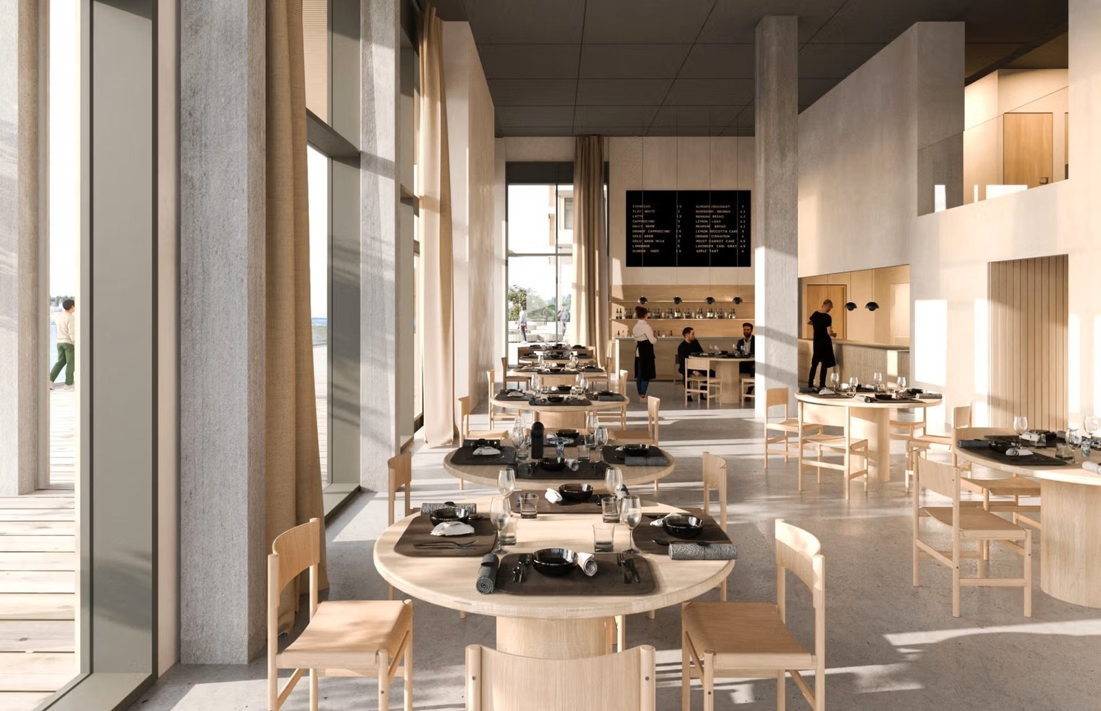 Illustrasjon på restaurant med god takhøyde og store vindusflater. Galleribilde