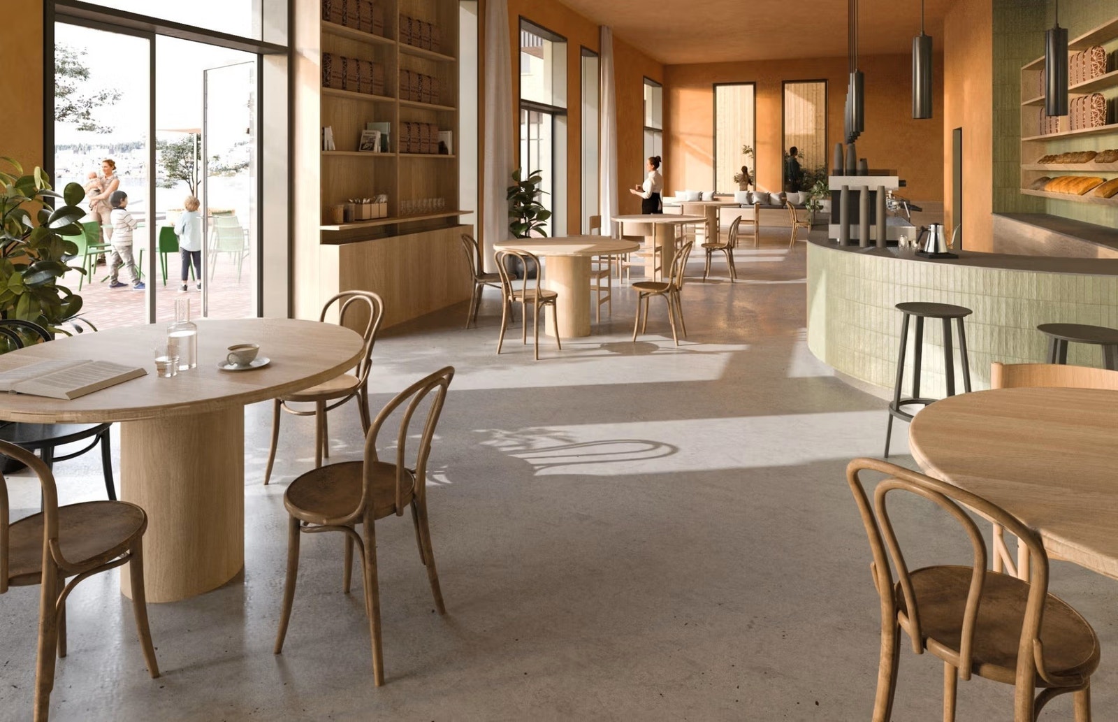 Illustrasjon av kafé/bakeri med direkte tilknytning med Verksplassen som egner seg ypperlig til uteservering. Galleribilde