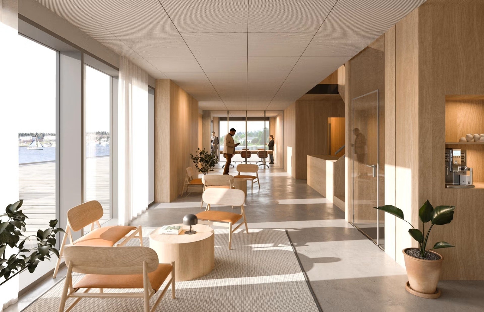 Illustrasjon av innredet kontorlokale med sosiale soner. Galleribilde