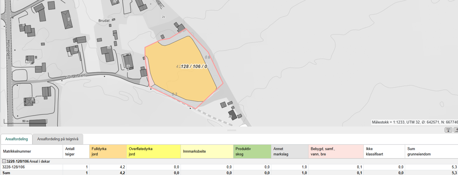 Oversikt over fulldyrket jord på tomt, totalt 4,2 dekar Galleribilde