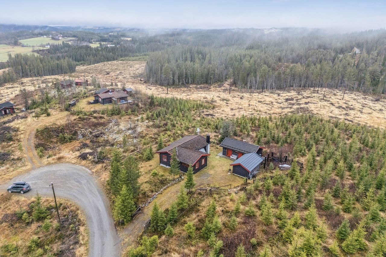 Hytta er en del av et etablert hyttefelt, med god avstand mellom eiendommene. Galleribilde