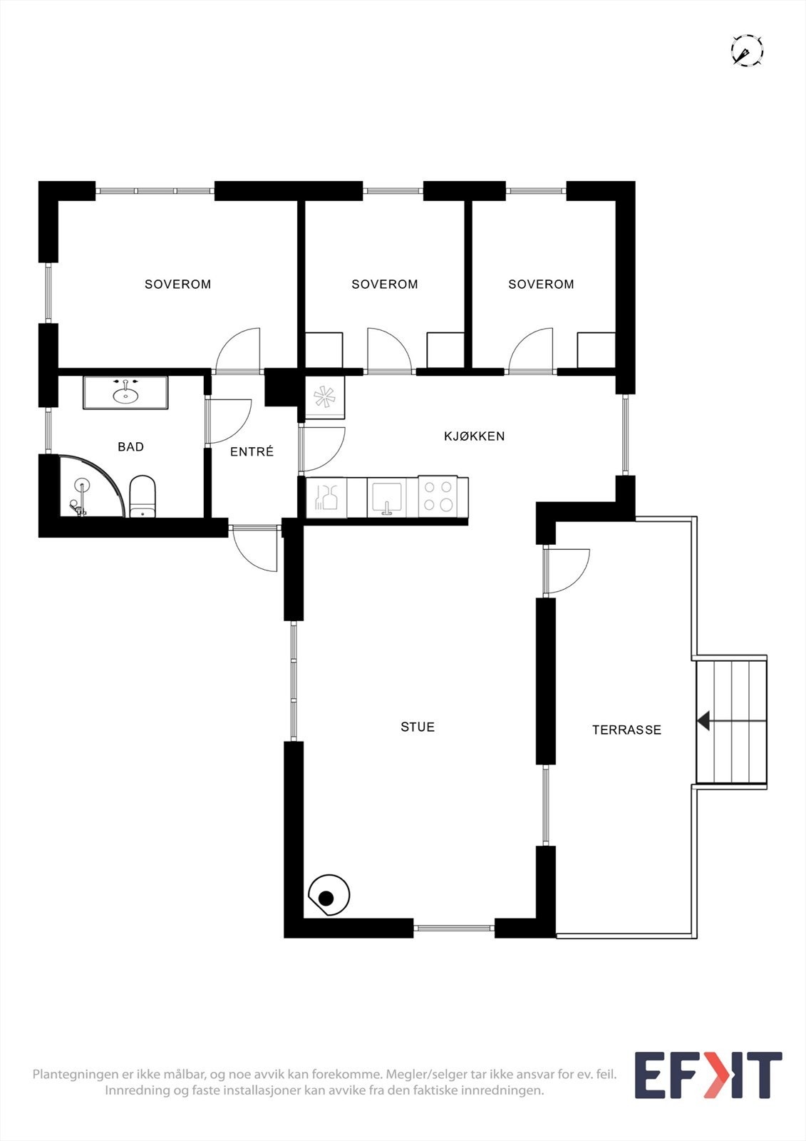 Hovedhytta har en arealeffektiv planløsning på 62 m² med tre soverom og delvis åpen stue/kjøkkenløsning. Galleribilde