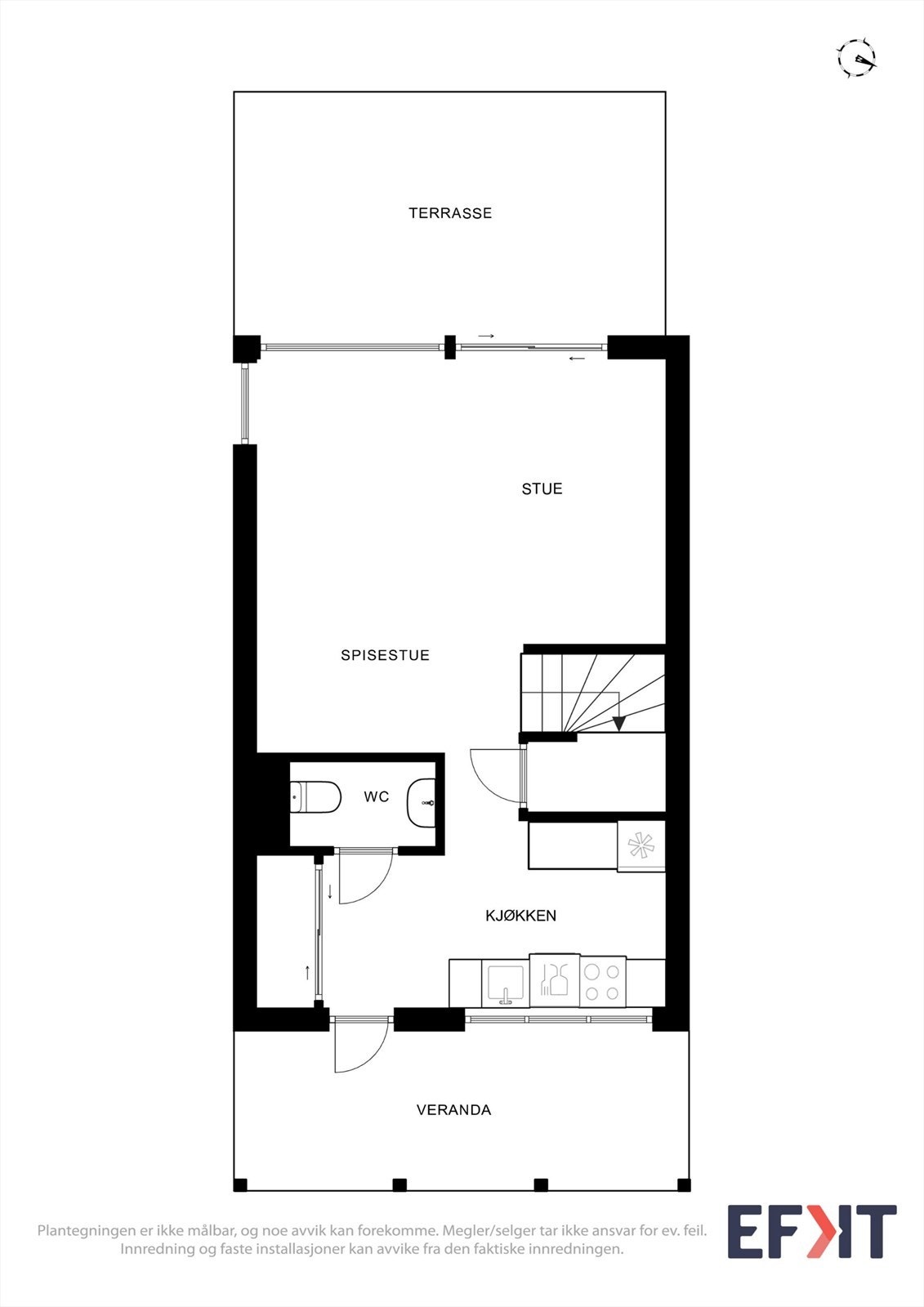 Første etasje på 40 m² har en arealeffektiv planløsning med åpen stue- og kjøkkenløsning. Galleribilde