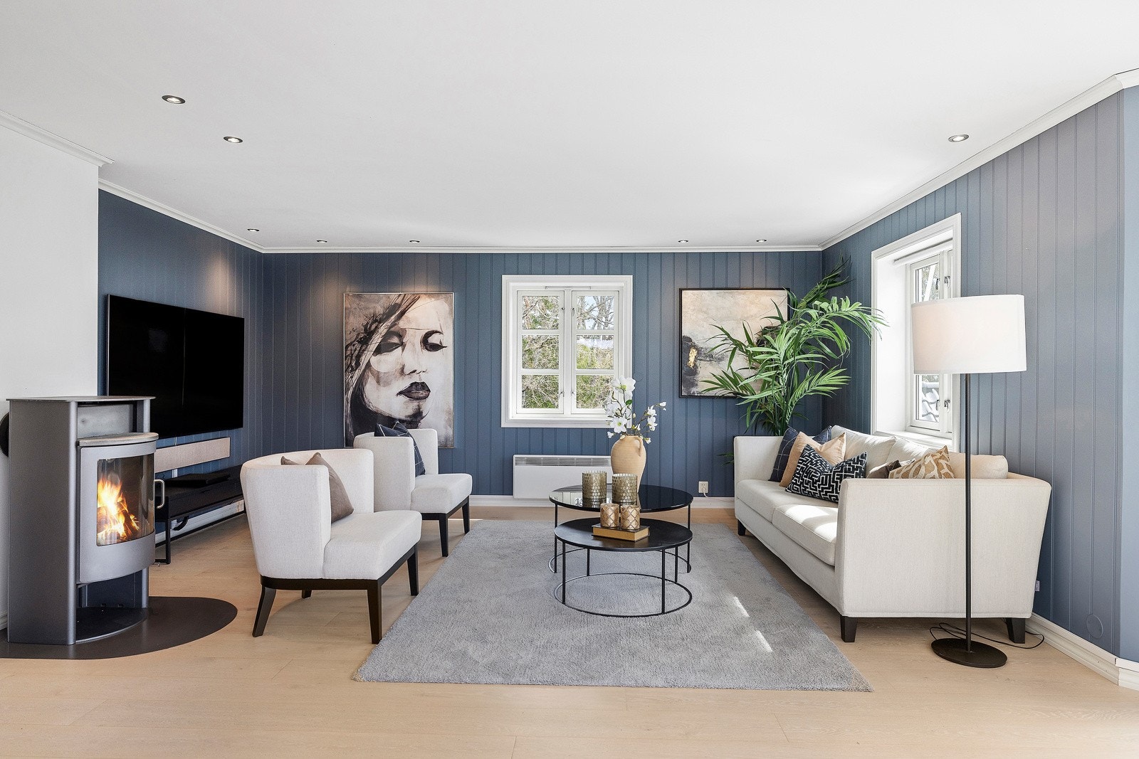 Stor, flott tv-stue i hoveddel. Her er det god plass til en større sofaseksjon m/tilhørende stoler og bord. Galleribilde