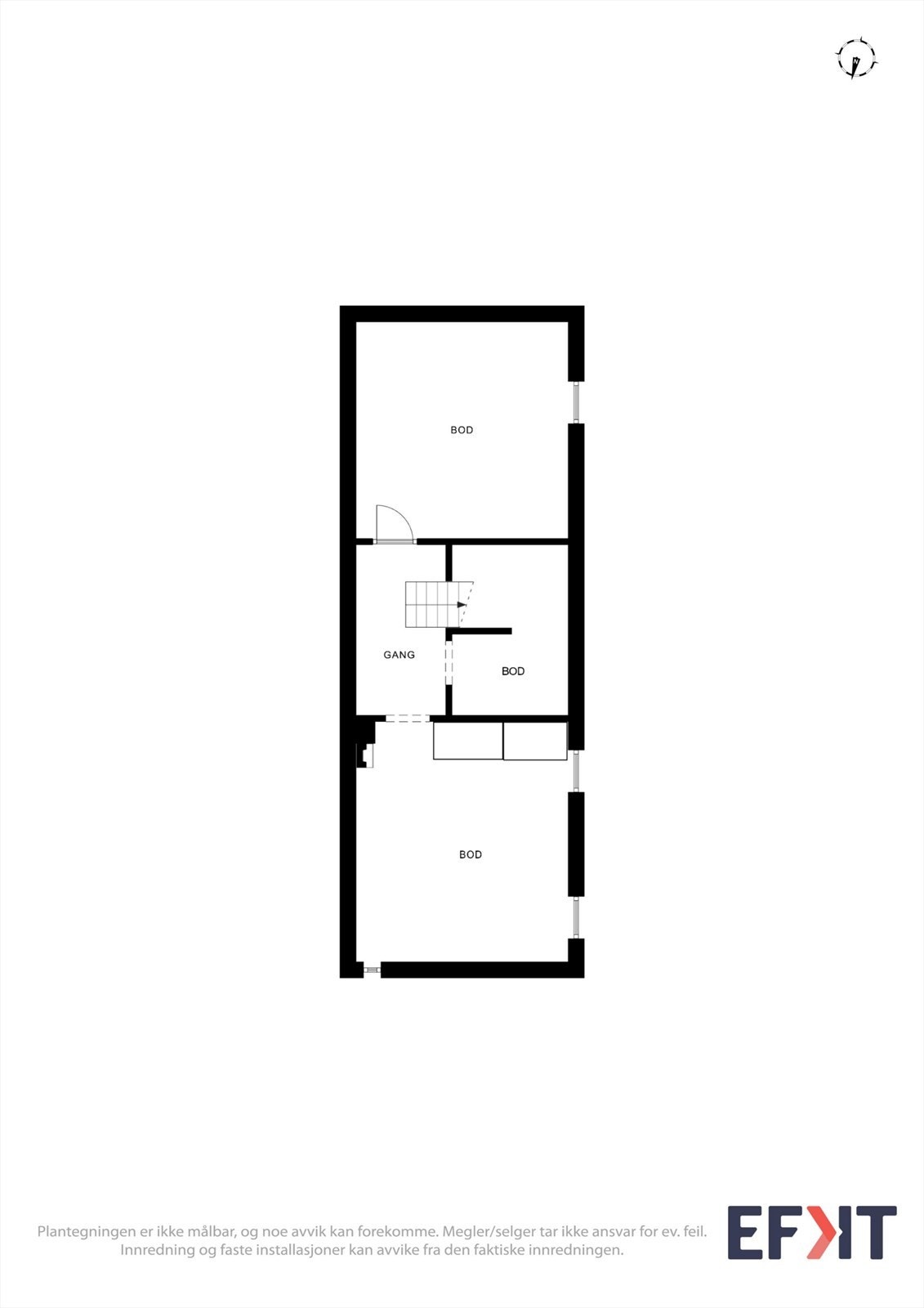 Plantegningen for kjelleren viser en gang og flere boder med stort lagringspotensial. Galleribilde