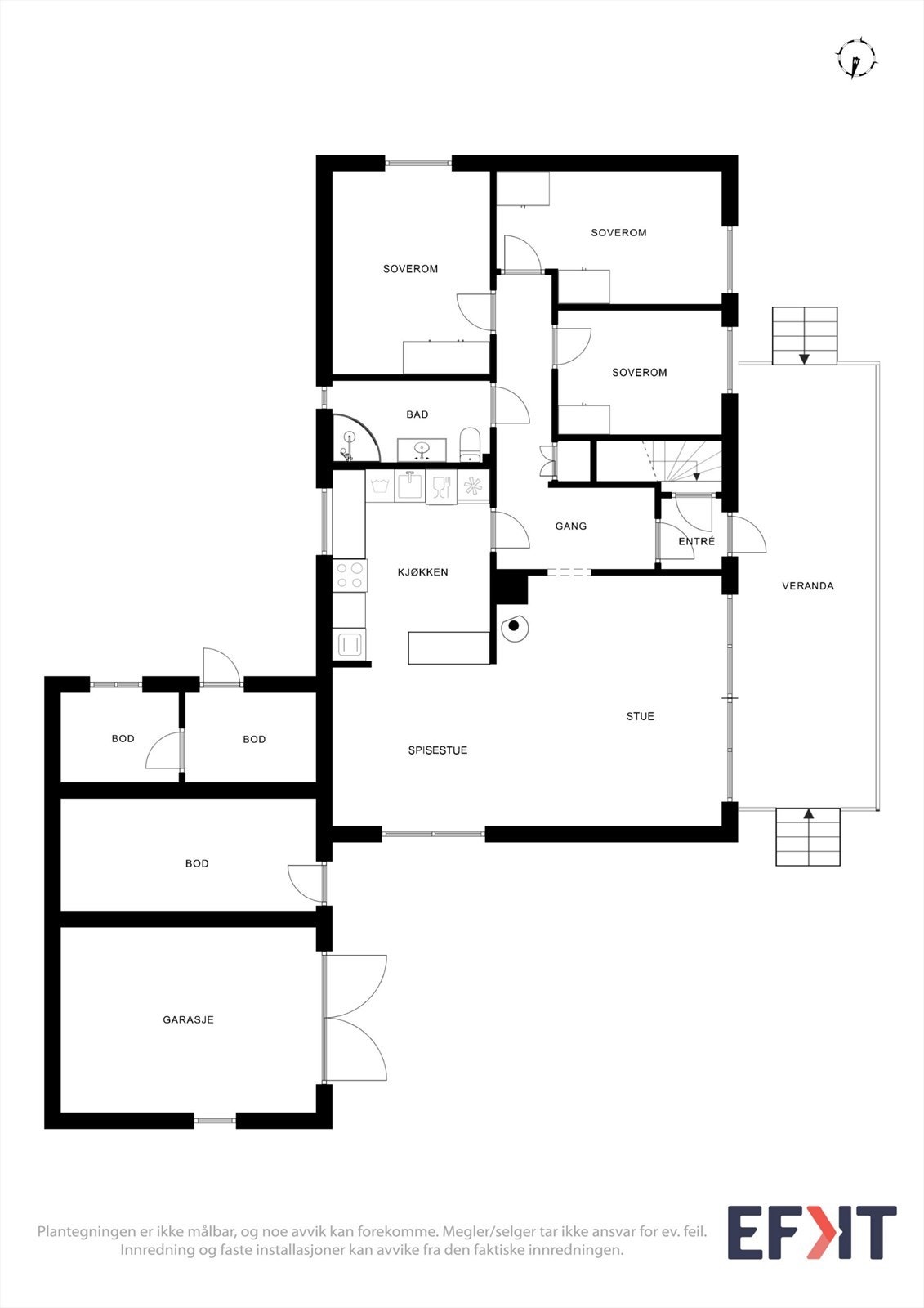 Plantegningen viser en praktisk planløsning med alle hovedfunksjoner på ett plan. Galleribilde