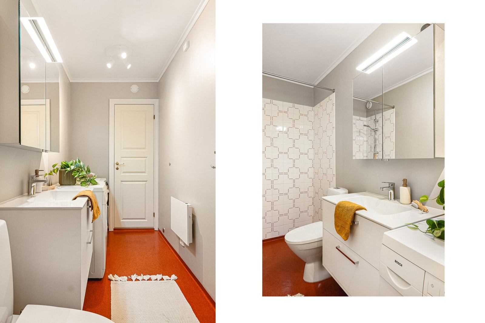 Badet inneholder toalett, helstøpt servant, skuffer under servant med slette fronter, dusjgarnityr og opplegg for vaskemaskin. Galleribilde