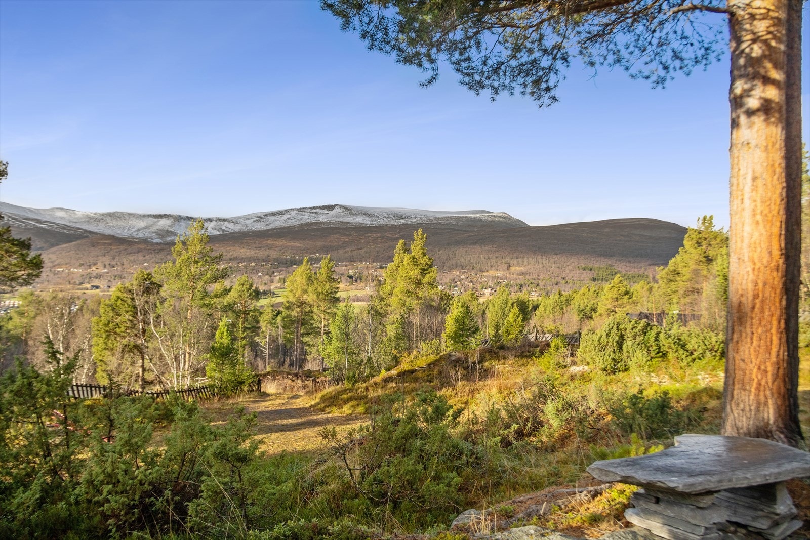 Utsikten fra eiendommen gir et vidstrakt perspektiv over landskapet og fjellene. her er dte utsikt mot Storhornet. Galleribilde