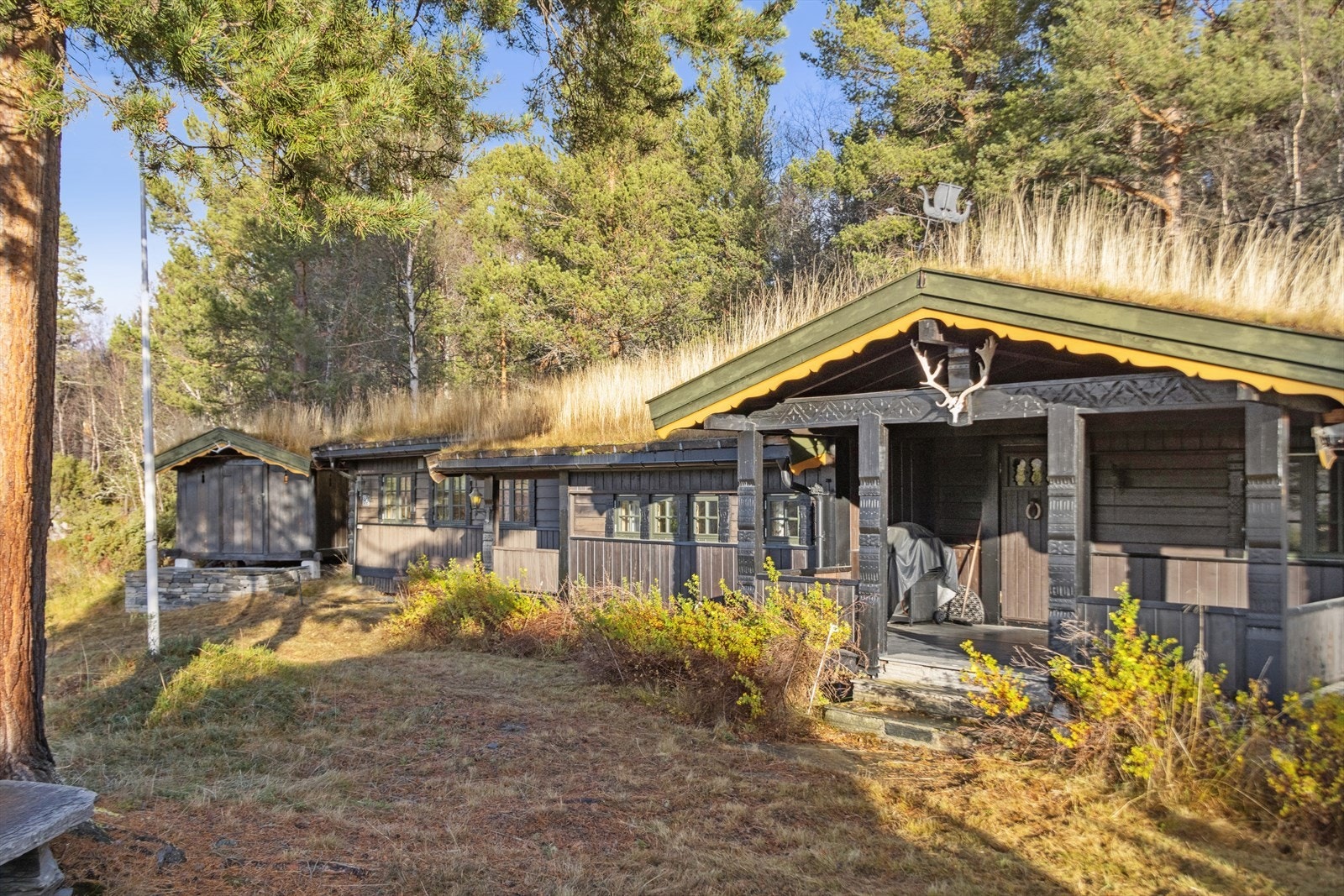 Fasaden viser en åpen fundamentering på pilarer og ringmur, som er typisk for bygningen. Galleribilde