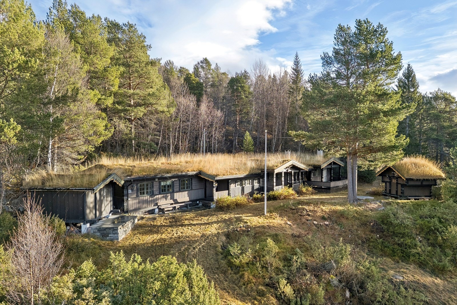 Fritidsboligen ligger harmonisk til i skogsterrenget. Galleribilde