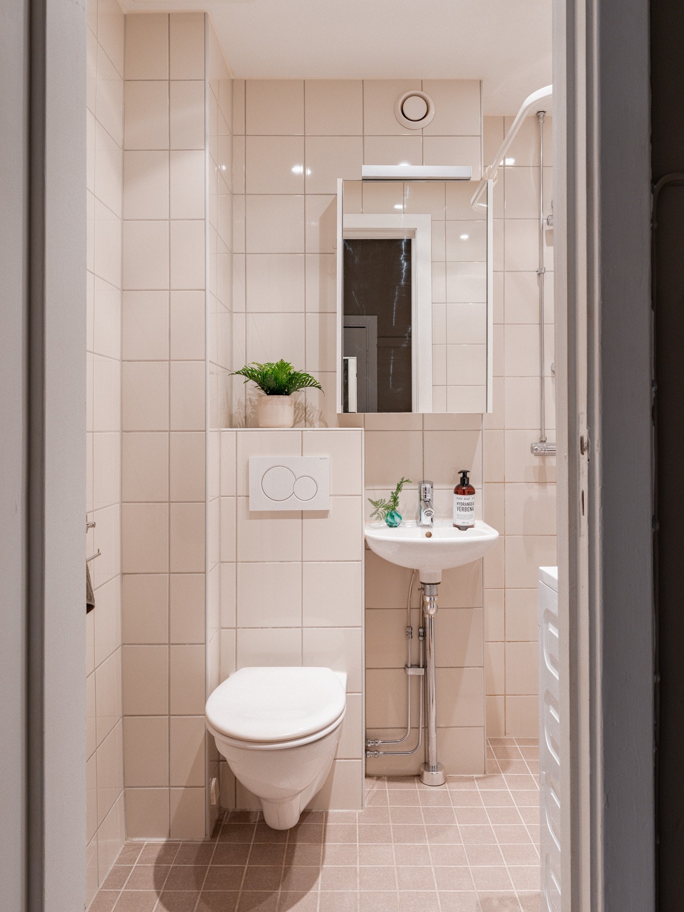 Badet har vegghengt toalett og blandebatteri, samt dusjhjørne me Galleribilde