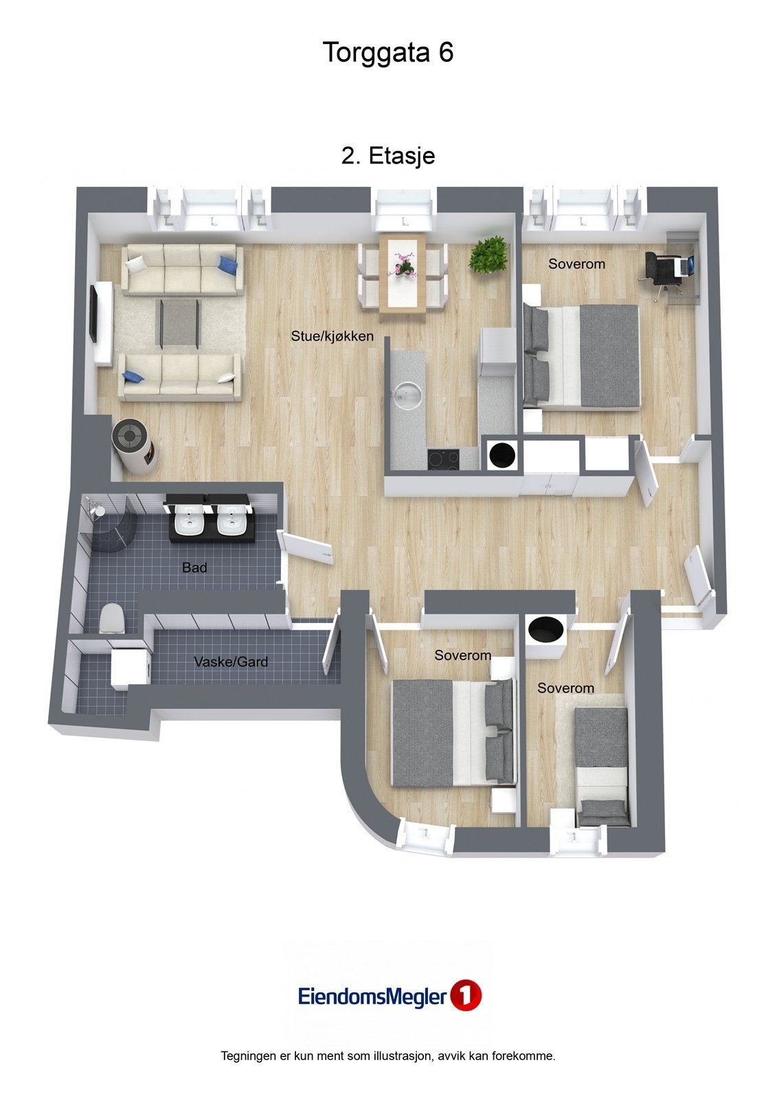 Illustrasjon 3D Torggata 6 - 2. Etasje Galleribilde