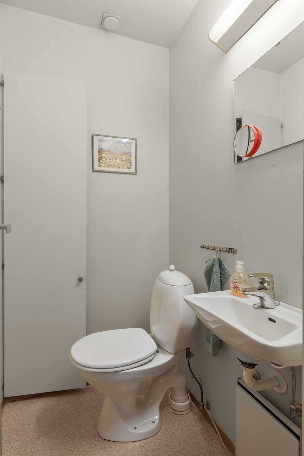 Toalettrommet er utstyrt med et gulvstående toalett og servant. Galleribilde