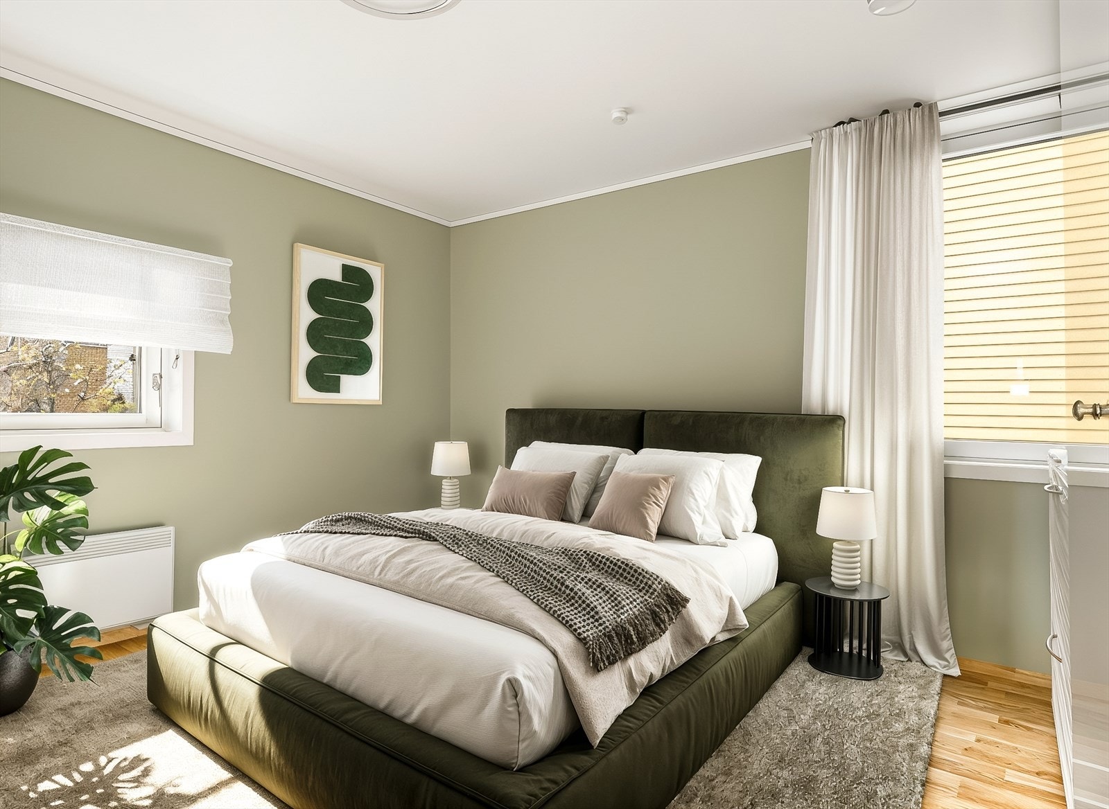 Elegant digital styling som viser hvordan soverommet kan innredes med en lun og harmonisk atmosfære. Galleribilde