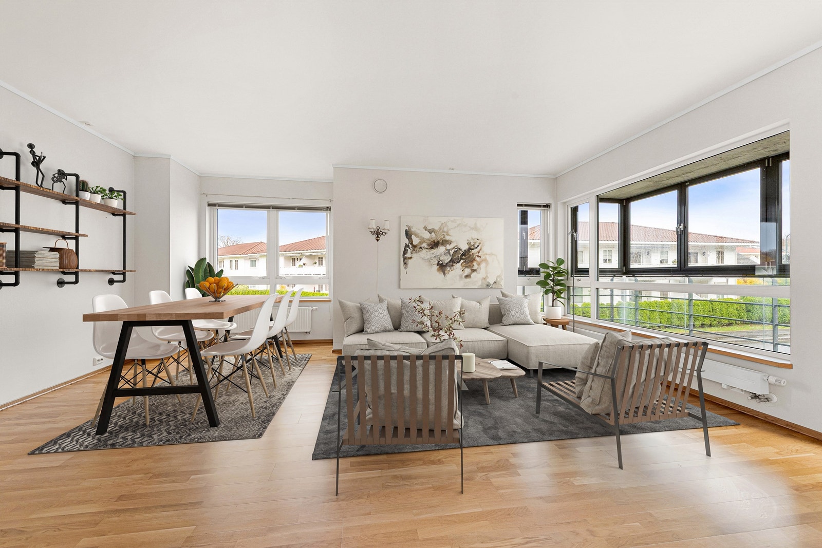 Stue med plass til både sofagruppe og spisestue - bildet er digitalt stylet Galleribilde