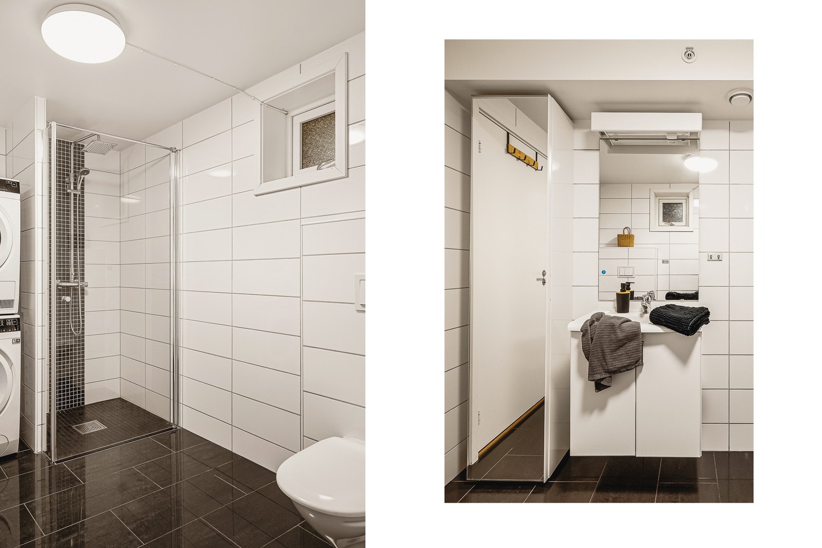 Det er innredet med vegghengt toalett, helstøpt servant, skap under servant med slette fronter, samt dusjdører i klart glass, og har opplegg for vaskemaskin og tørketrommel. Galleribilde