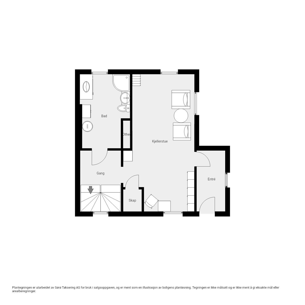 Kjeller (Ikke bruksendret til varig opphold, rommene beskrives slik de er/brukes i dag, ikke etter originale byggetegninger). Galleribilde