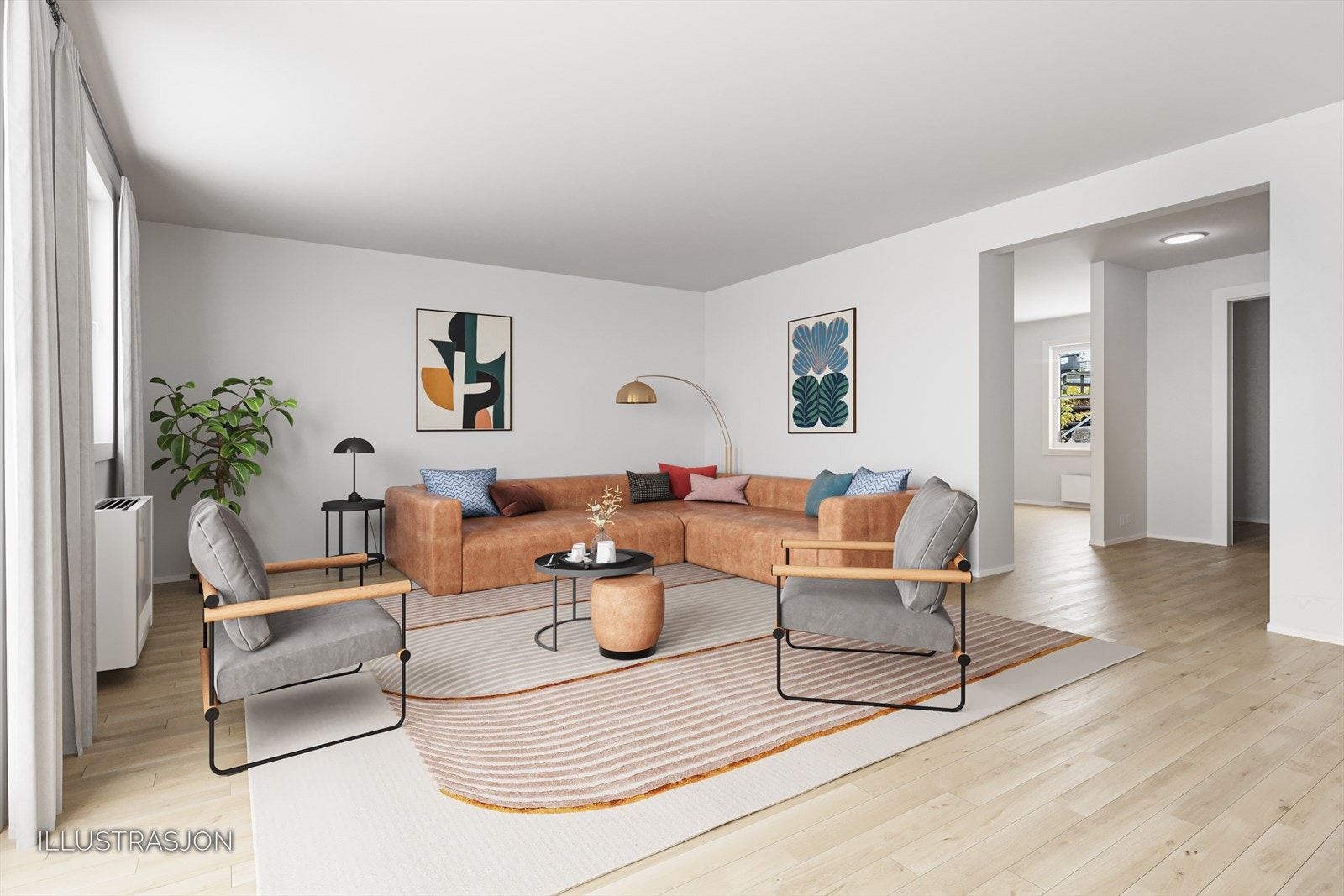 Boligen har romslige og lyse oppholdsrom, flere soverom-fleksible løsninger, praktisk vaskerom og god lagringsplass. (Illustrasjon) Galleribilde