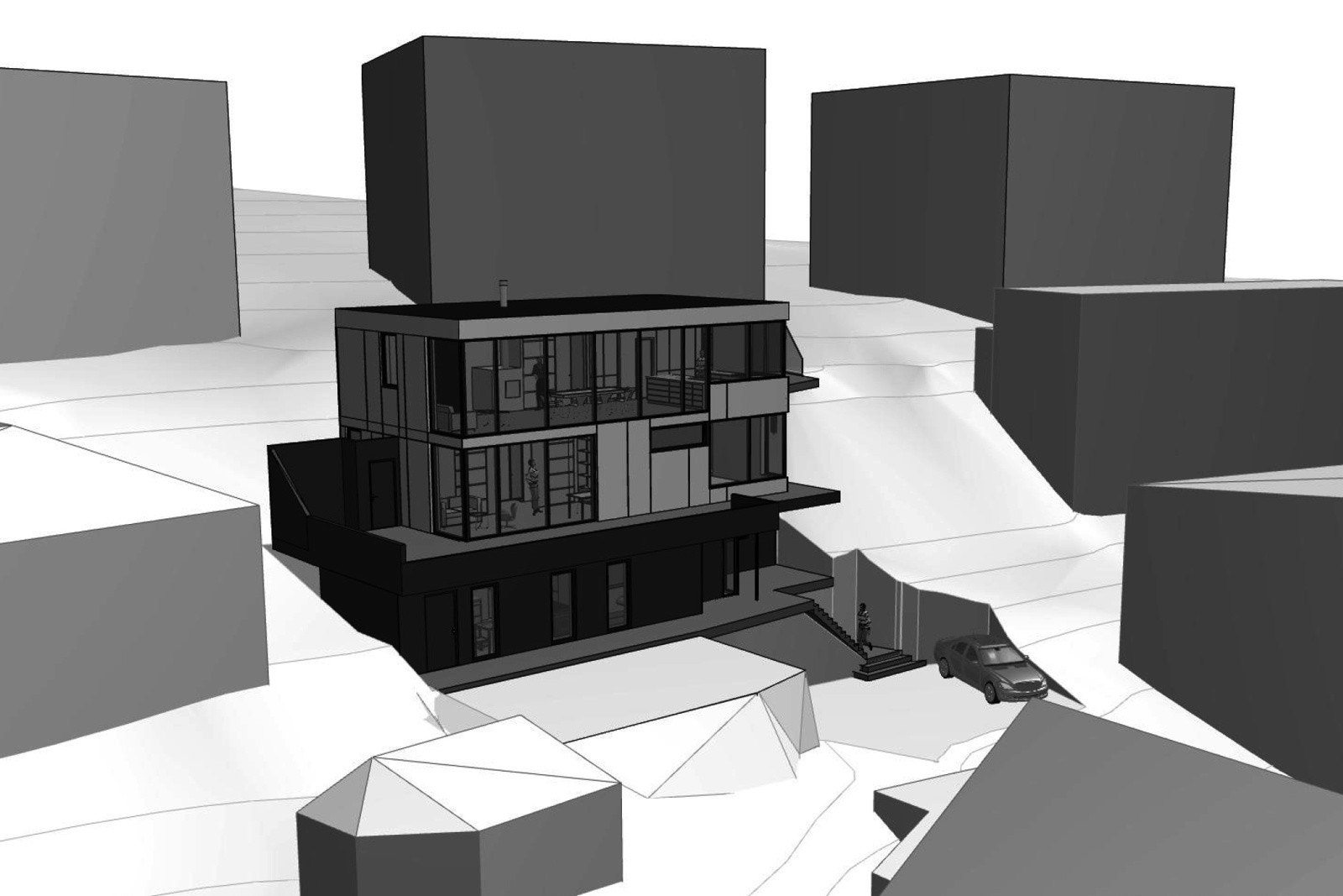 Tegningene viser et flott funkishus over tre plan, der den nye etasjen får en stor og sosial sone med stue og kjøkken. Galleribilde