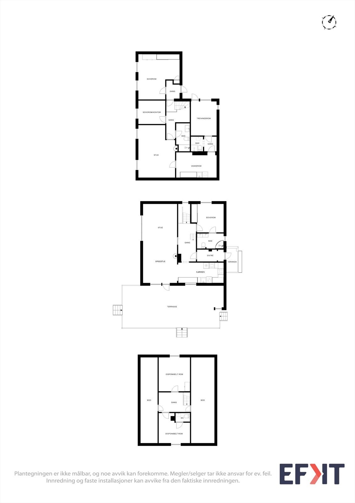 Plantegningene gir en samlet oversikt over boligens tre etasjer og romfordeling. Galleribilde