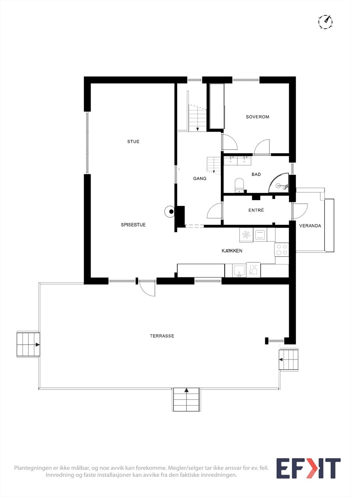 Plantegningen for hovedetasjen viser en praktisk planløsning med stue, kjøkken, soverom og bad. Galleribilde