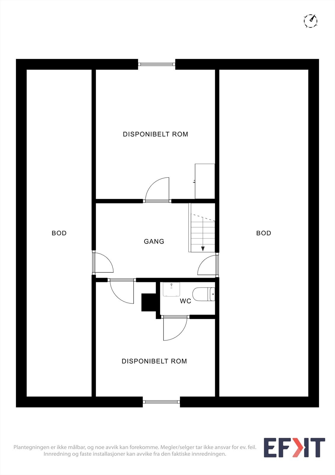 Loftsetasjen inneholder gang, to disponible rom, toalettrom og boder for lagring. Galleribilde