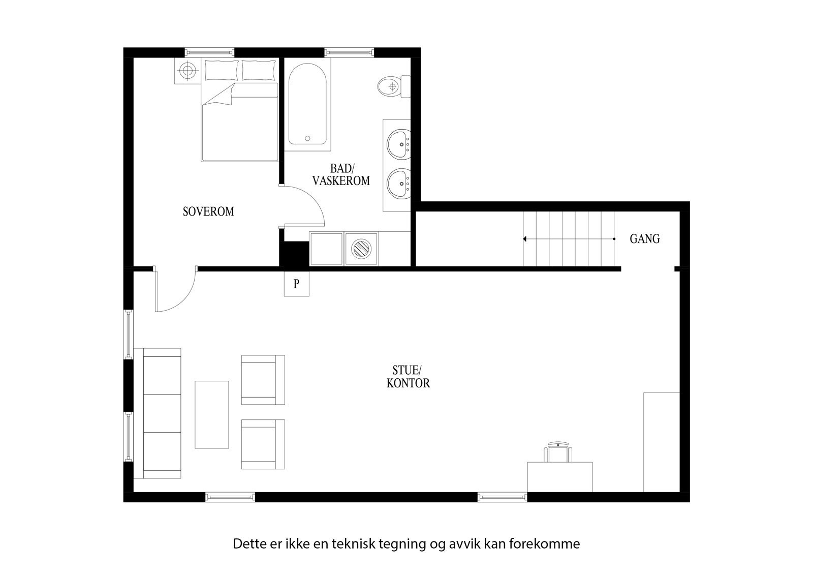 Plantegning underetasje - ikke godkjent for varig opphold. Galleribilde