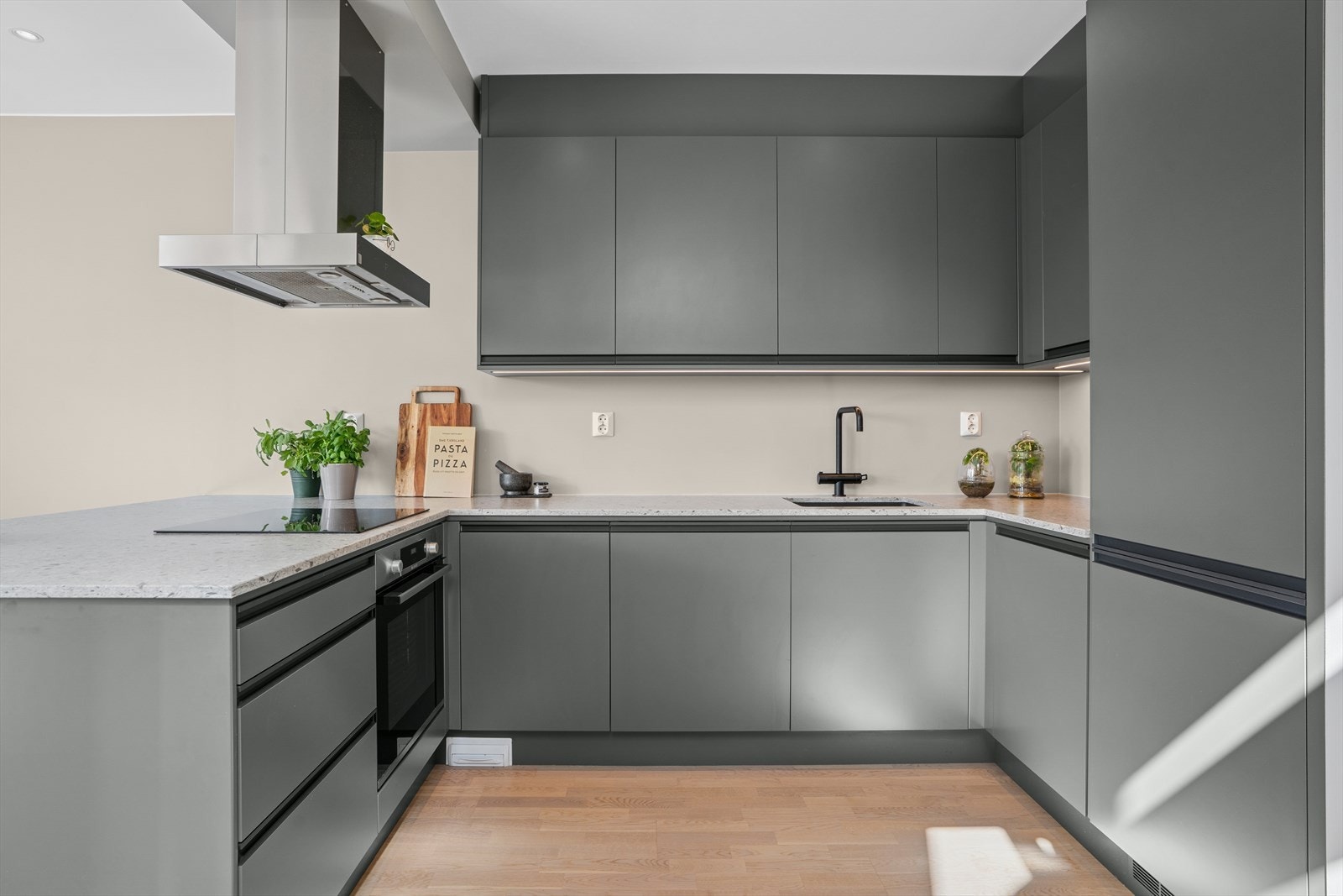 Romslig innredning med kjøkkenøy som tilbyr rikelig med oppbevaringsplass. Integrerte hvitevarer og støvsuger under benkeskap. Galleribilde