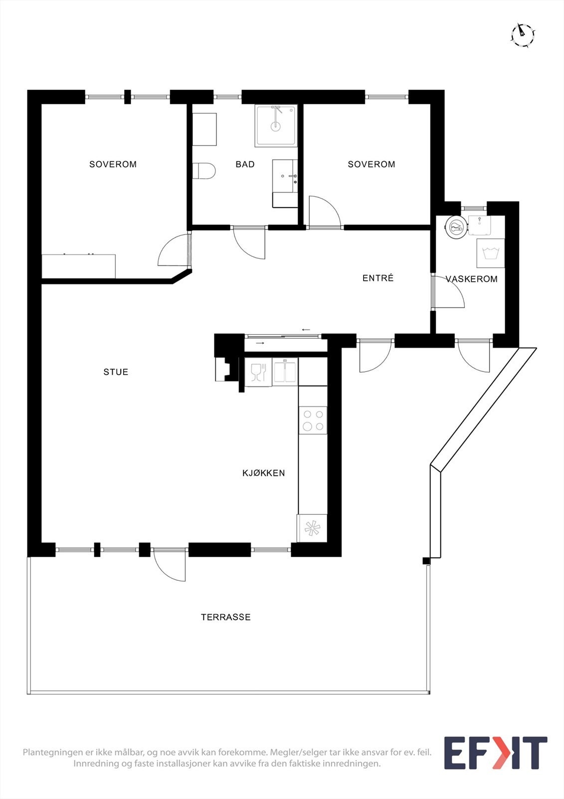 Plantegningen viser en praktisk planløsning med to soverom, bad og en åpen stue- og kjøkkenløsning. Galleribilde