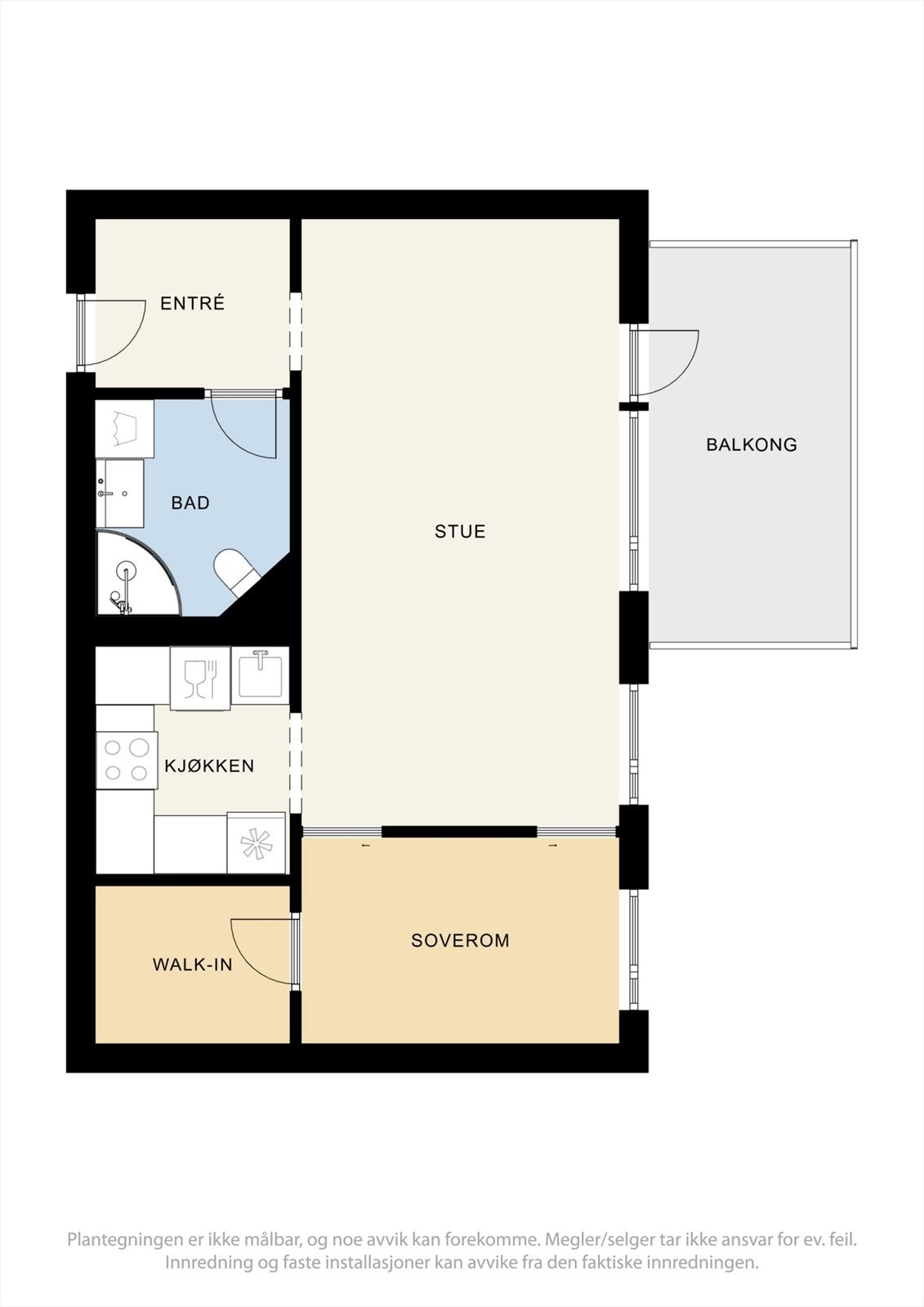 Planløsningen viser en leilighet med åpen stue- og kjøkkenløsning, samt direkte utgang til en innglasset balkong fra stuen. Galleribilde