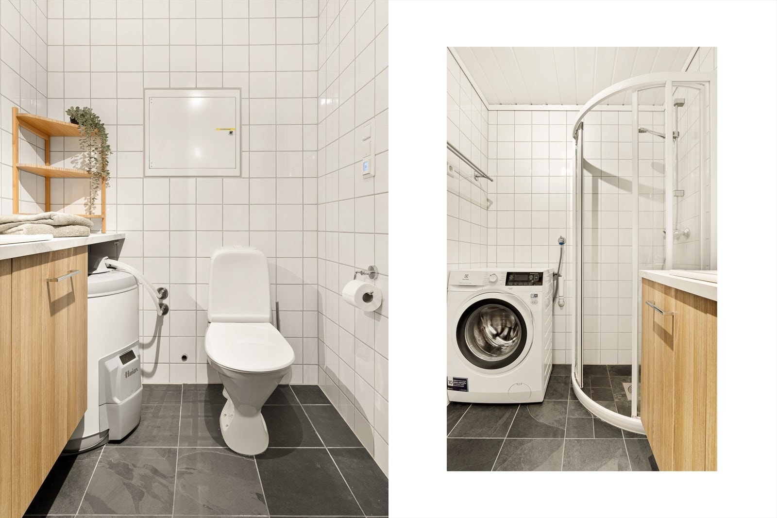 Badet er utstyrt med dusj, toalett, servantskap, varmtvannsbereder og opplegg for vaskemaskin Galleribilde