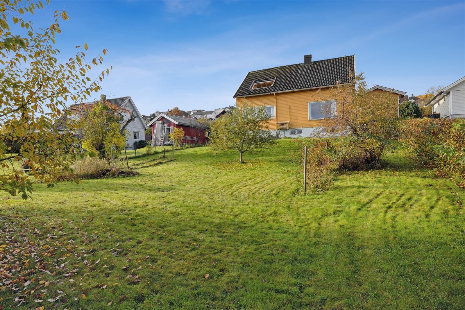 Baksiden av boligen har en romslig hage med frukttrær. Galleribilde