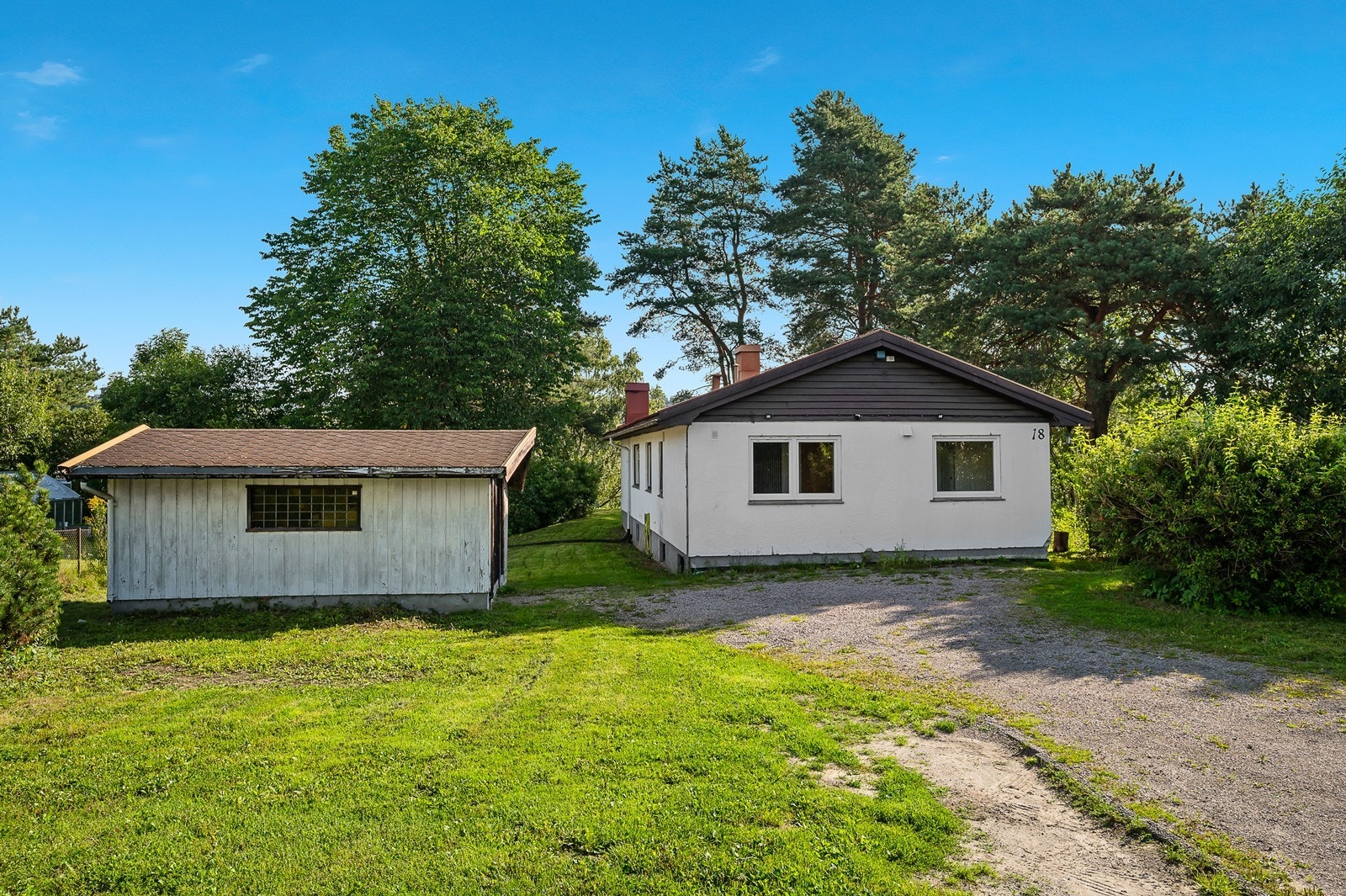 Enebolig har behov for oppgraderinger. Eldre frittstående garasje. Godt med parkering rett på utsiden. Galleribilde